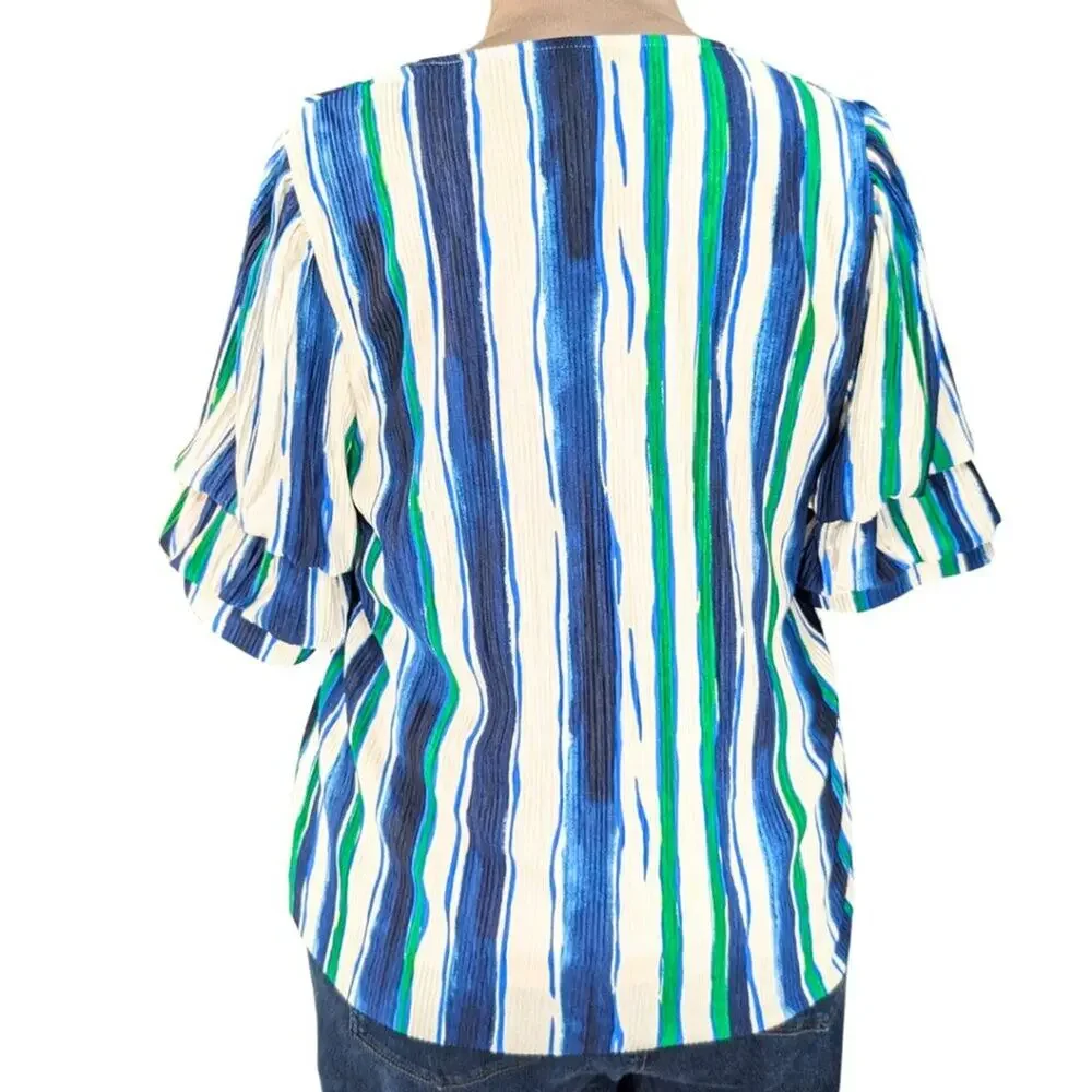 Chico's 2 (Large) Blue Green Stripe V-Neck Pleated Gathered Sleeve Lined Blouse